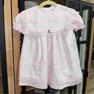 Vintage Bellissimo Lace rosettes Dress Heirloom bib collar toddler girl ruffle